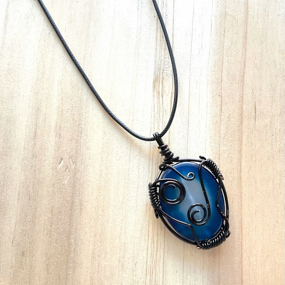Blue agate wire wrapped pendant necklace blue gemstone black wire boho jewelry
